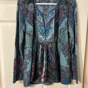 Women's Long-Sleeve Boho V-Neck Top in Teal & Purple